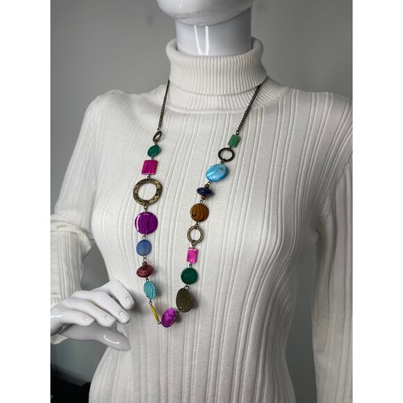 Necklace multi colored chunky disks beaded costume jewelry blue yellow pink - Picture 7 of 11